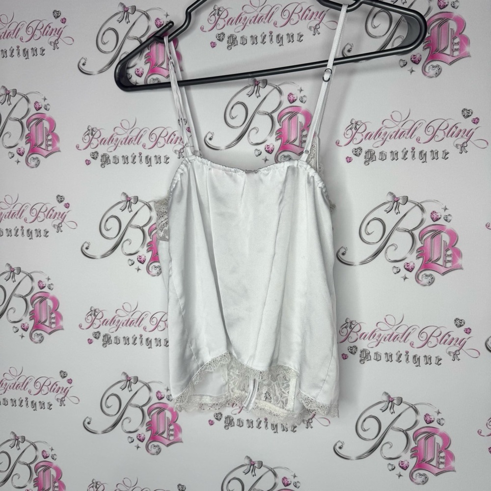 La vie en rose tank top camisole buttons shiny shimmer Lace Trim White Cami Top - Picture 3 of 12
